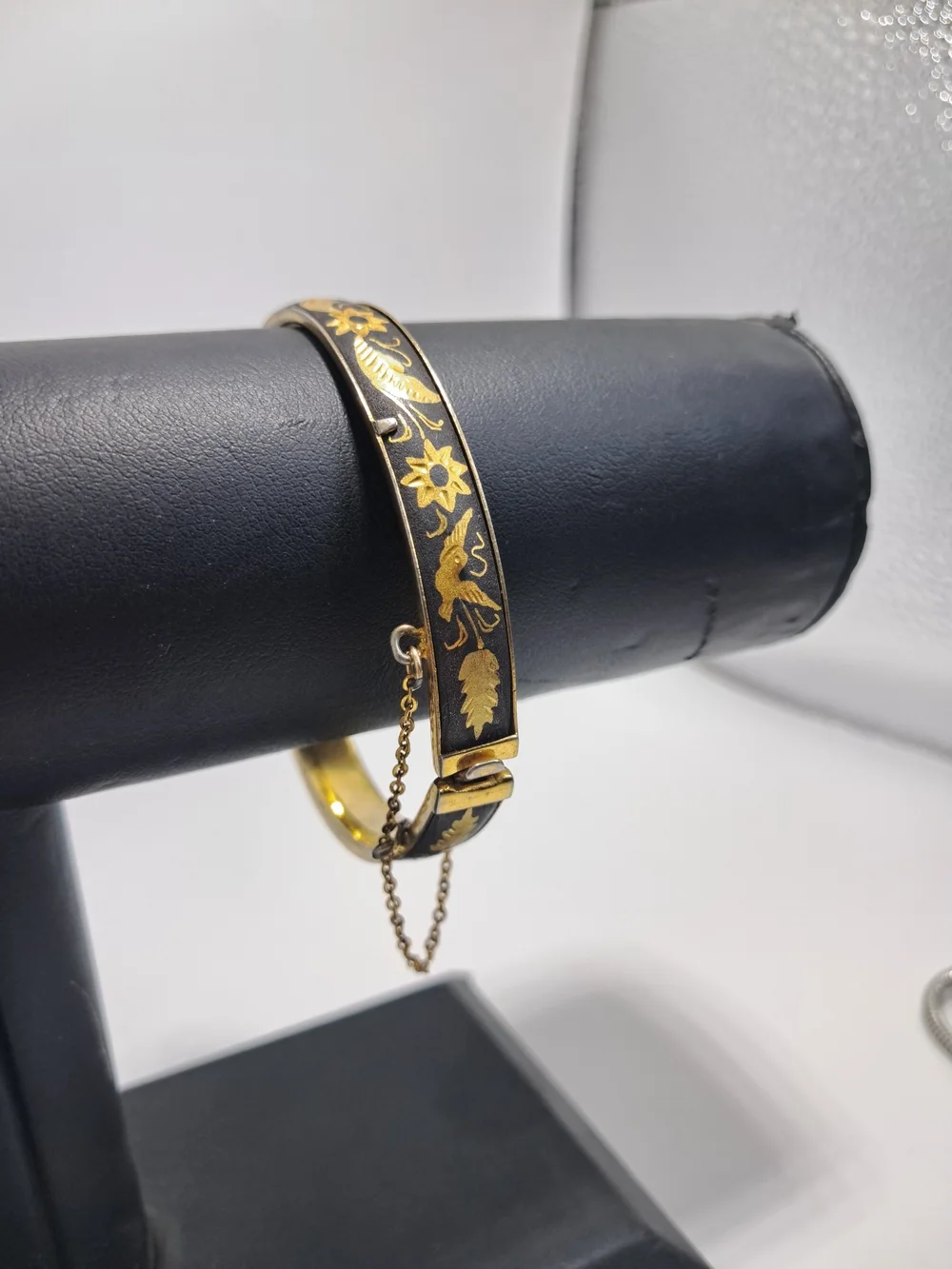 Toledo Damascene Gold-Tone Bangle Bracelet with Safety Chain